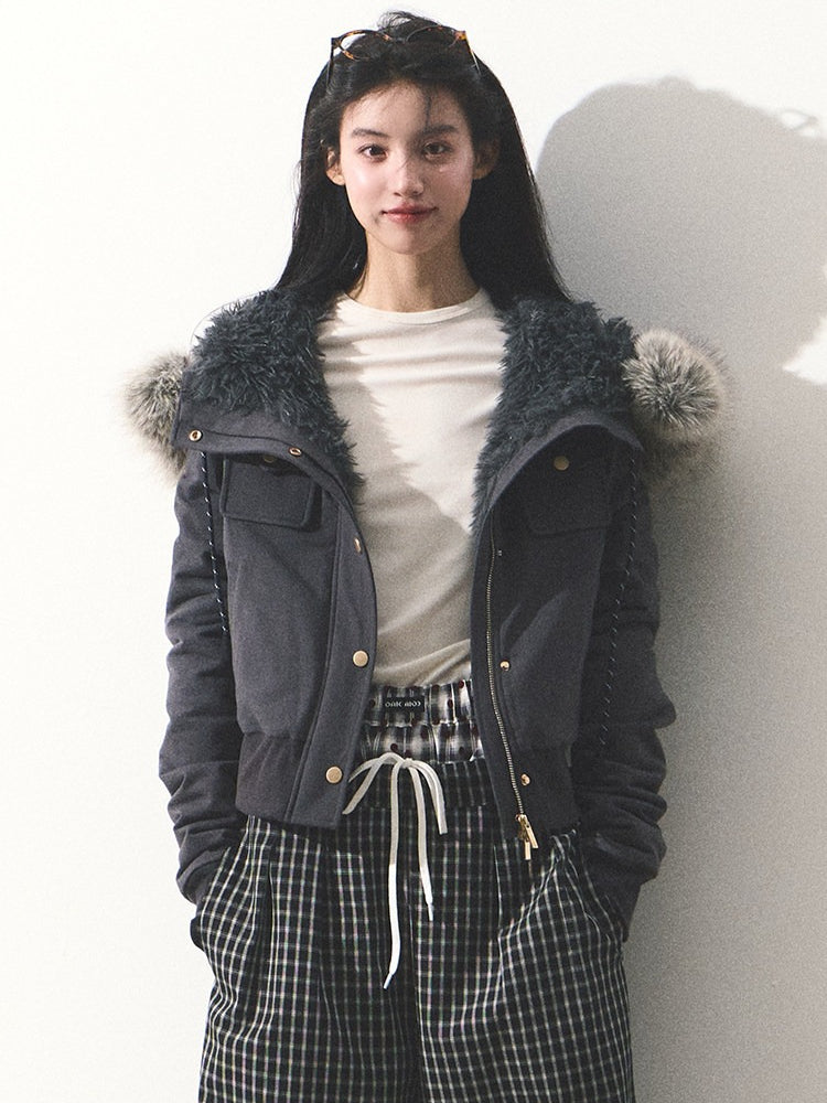 OAKMOO/ "Energy & Freedom" Mocha Gray Fur-Collar Cropped Hoodie Jacket