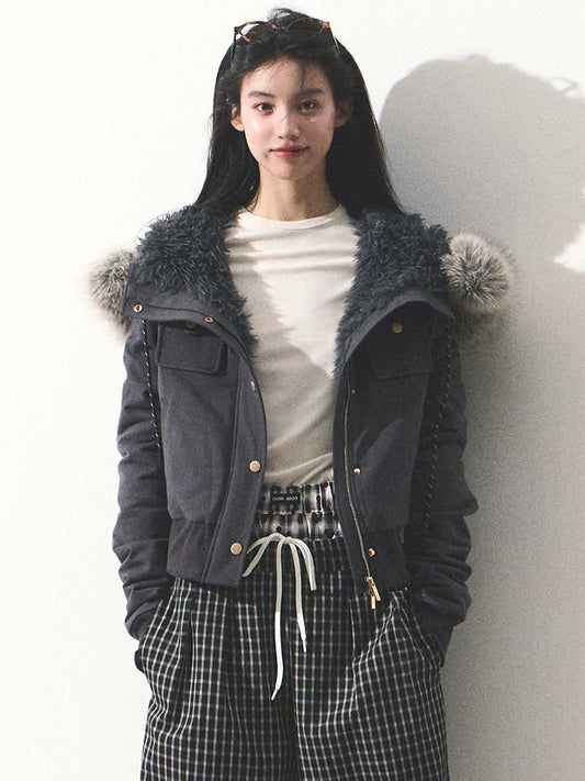OAKMOO/ "Energy & Freedom" Mocha Gray Fur-Collar Cropped Hoodie Jacket