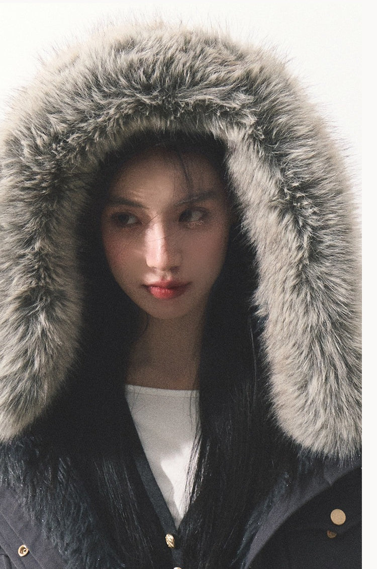 OAKMOO/ "Energy & Freedom" Mocha Gray Fur-Collar Cropped Hoodie Jacket