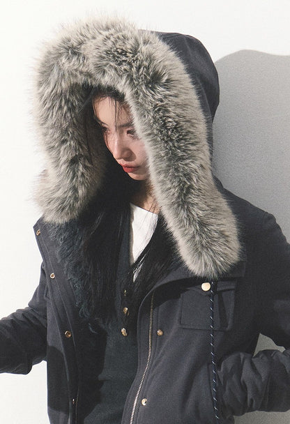 OAKMOO/ "Energy & Freedom" Mocha Gray Fur-Collar Cropped Hoodie Jacket