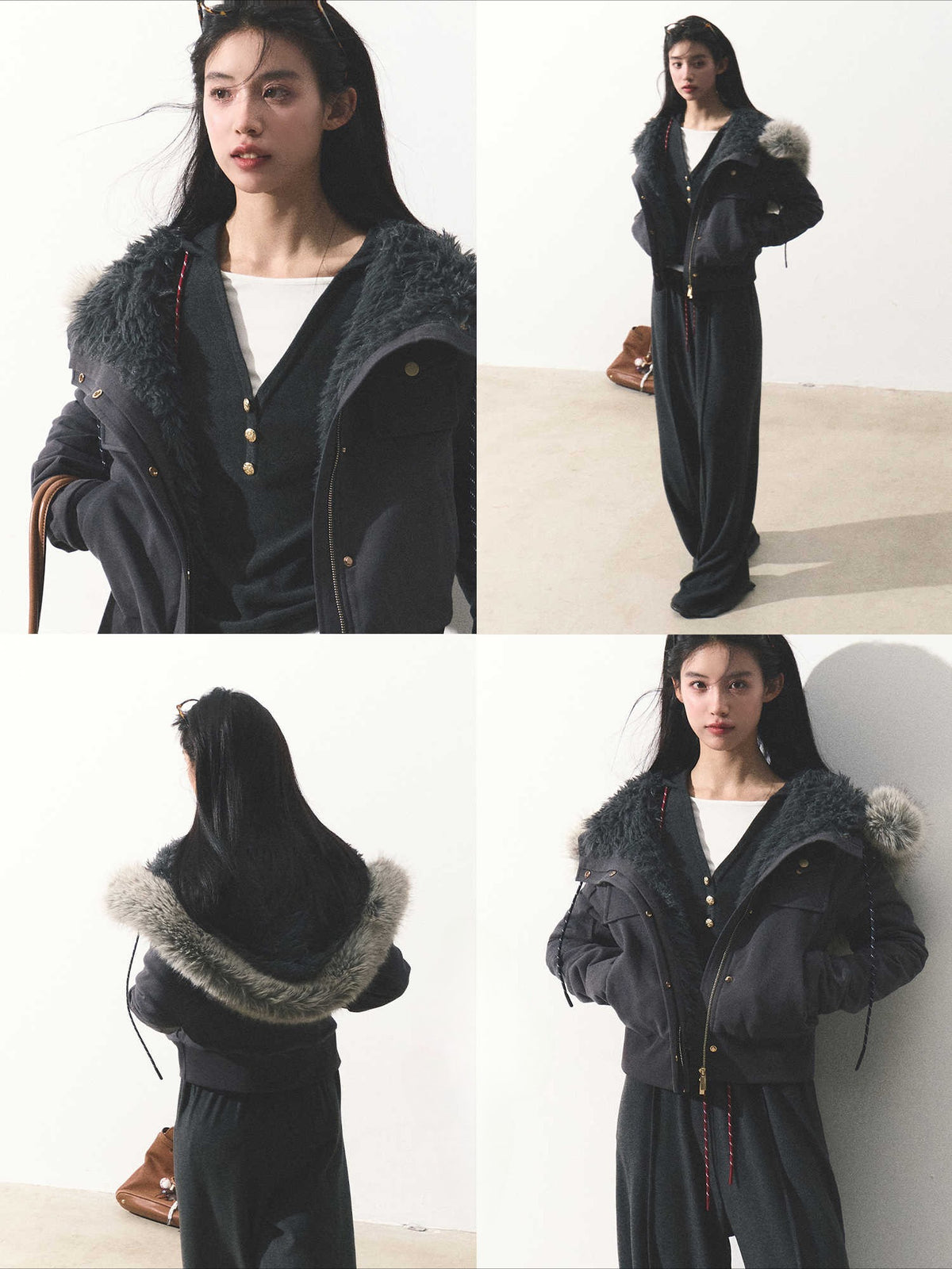 OAKMOO/ "Energy & Freedom" Mocha Gray Fur-Collar Cropped Hoodie Jacket