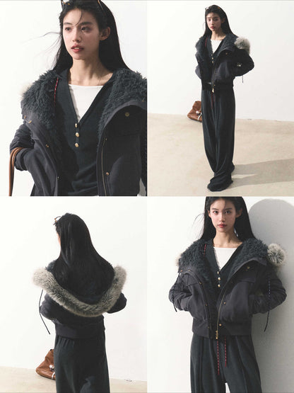 OAKMOO/ "Energy & Freedom" Mocha Gray Fur-Collar Cropped Hoodie Jacket