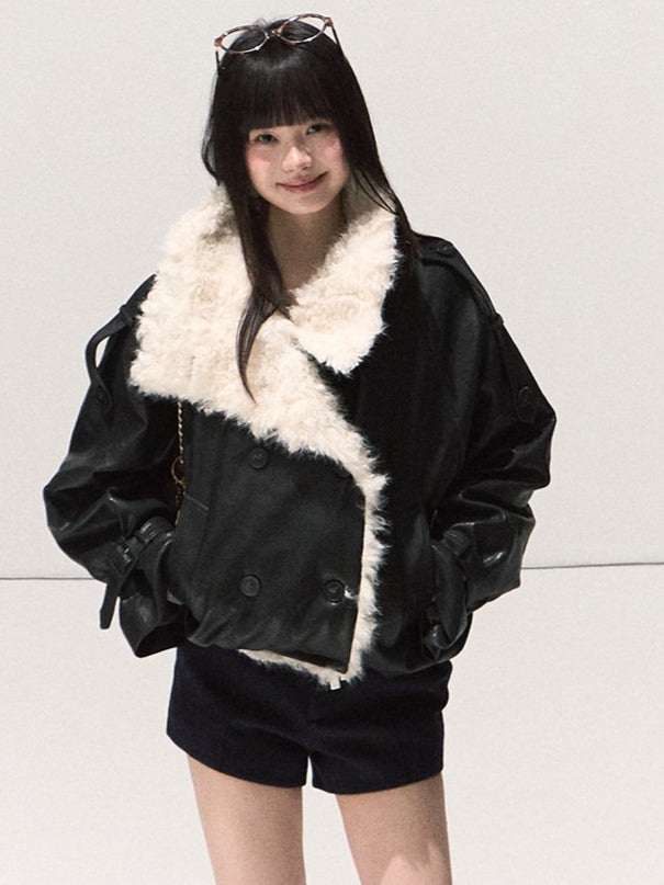 OAKMOO/ "A Night Under the Osmanthus Tree" Rich Black Lambswool-Trimmed Cropped Leather Jacket (Rich Black / Hazel Khaki)