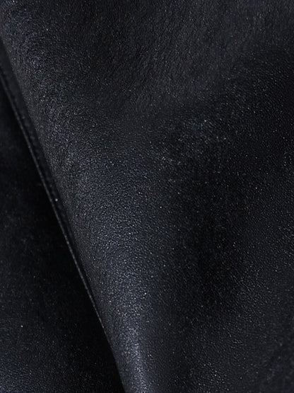 OAKMOO/ "A Night Under the Osmanthus Tree" Rich Black Lambswool-Trimmed Cropped Leather Jacket (Rich Black / Hazel Khaki)