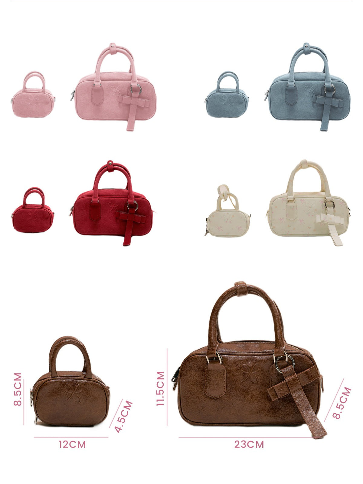 SunsetPark - Suede Bow Boston Handbag (Red / Brown / Floral / Blue / Pink)