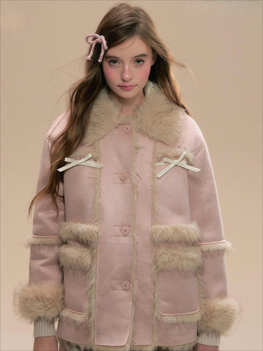 SunsetPark - "Pink Cedar" Vintage Dusty Pink Faux Fur & Suede Shearling-Style Coat