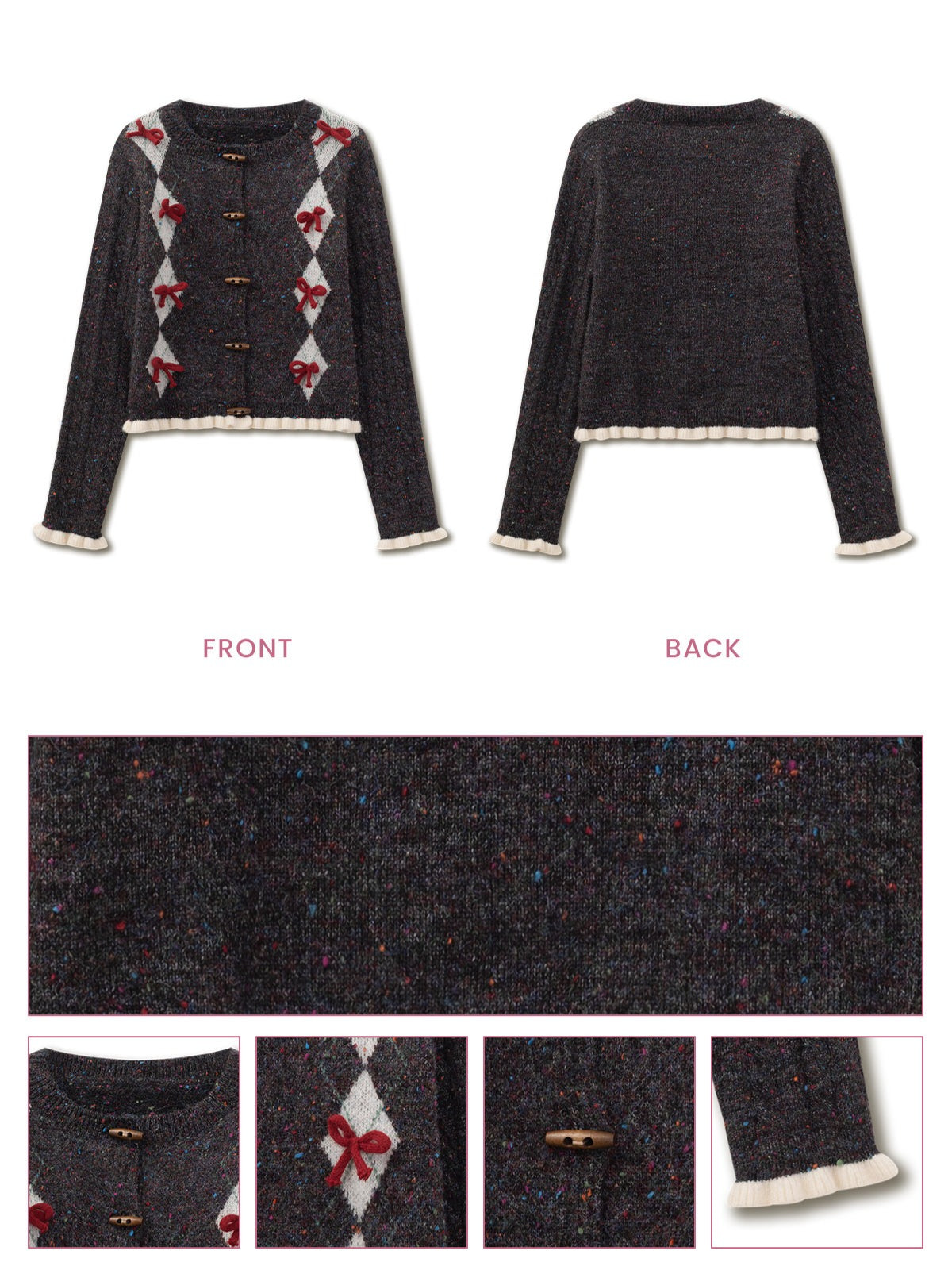 SunsetPark - Vintage Diamond Dark Gray Speckled Yarn Toggle Button Sweater