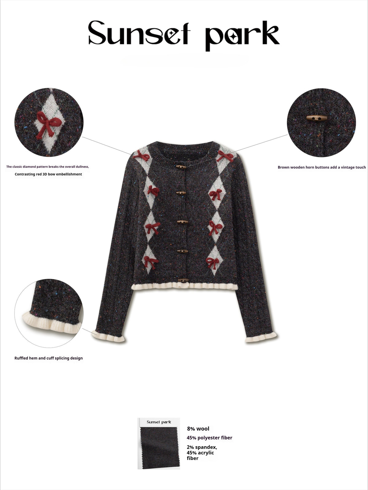 SunsetPark - Vintage Diamond Dark Gray Speckled Yarn Toggle Button Sweater