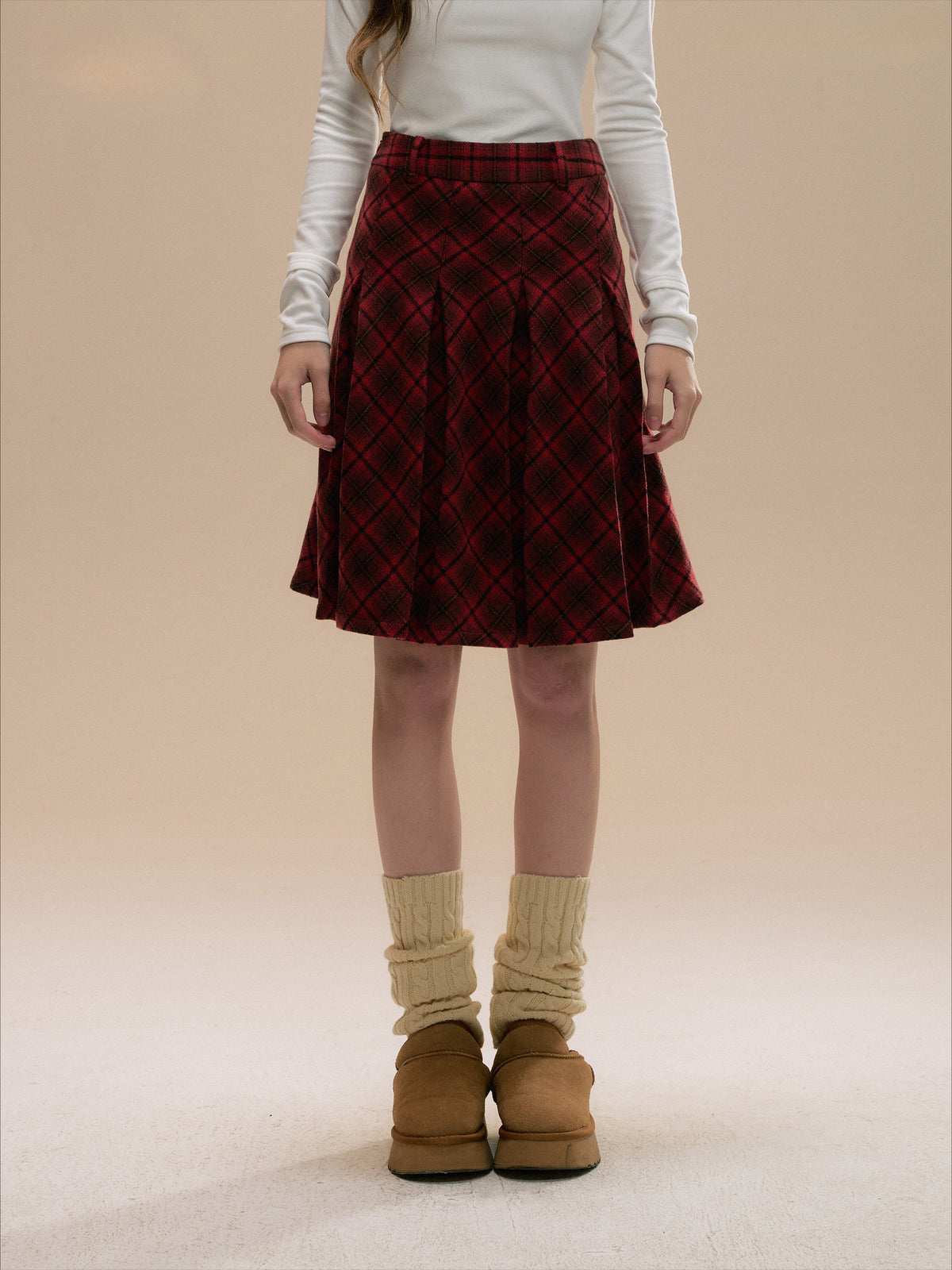 SunsetPark - Vintage Christmas Red Plaid Pleated Wool-Blend Skirt