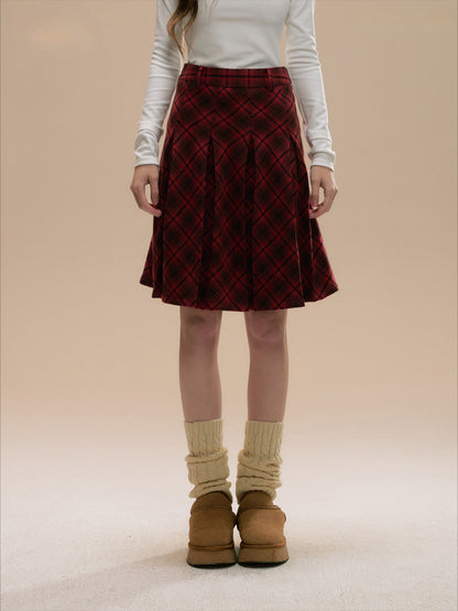 SunsetPark - Vintage Christmas Red Plaid Pleated Wool-Blend Skirt