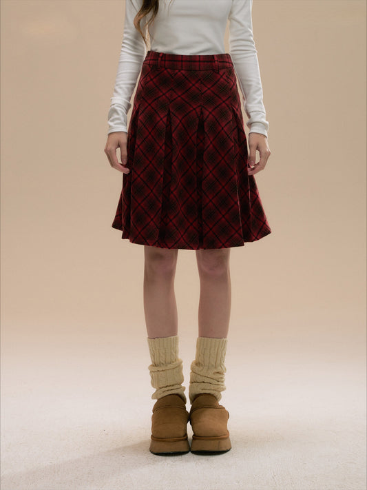 SunsetPark - Vintage Christmas Red Plaid Pleated Wool-Blend Skirt
