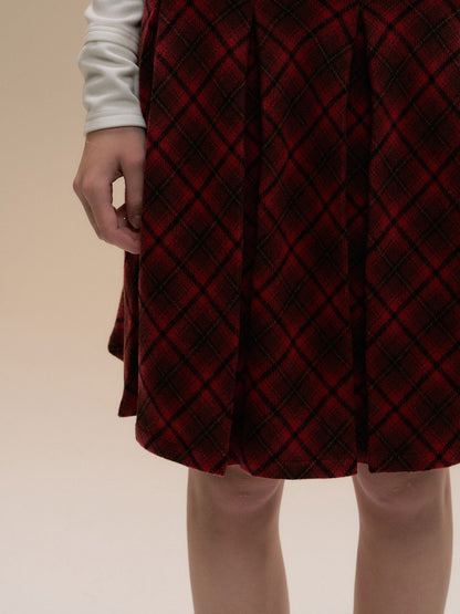 SunsetPark - Vintage Christmas Red Plaid Pleated Wool-Blend Skirt