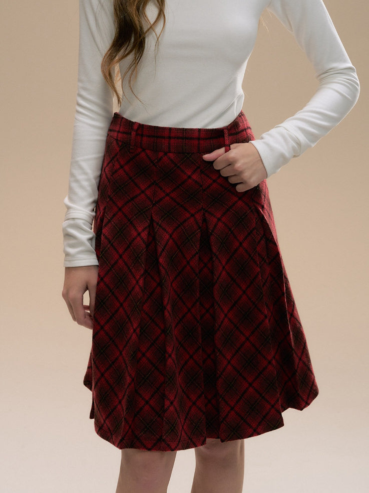 SunsetPark - Vintage Christmas Red Plaid Pleated Wool-Blend Skirt
