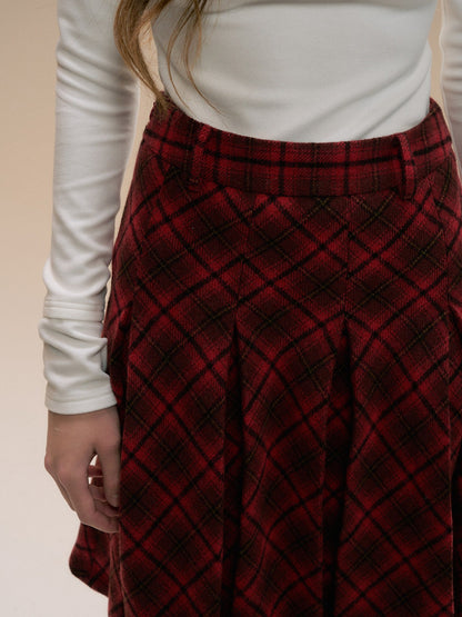 SunsetPark - Vintage Christmas Red Plaid Pleated Wool-Blend Skirt