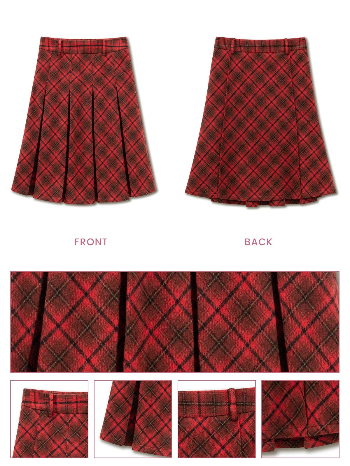 SunsetPark - Vintage Christmas Red Plaid Pleated Wool-Blend Skirt