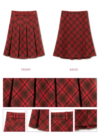 SunsetPark - Vintage Christmas Red Plaid Pleated Wool-Blend Skirt