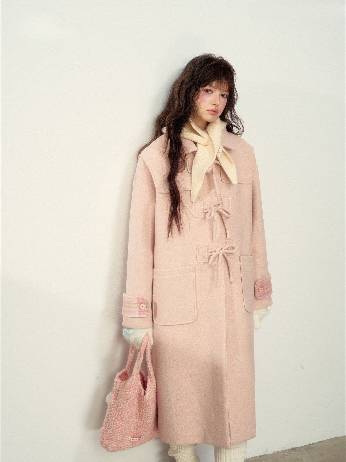 SunsetPark - Vintage Teddy Bear Bow Toggle Wool Coat (Blush Pink / Brown Bear)