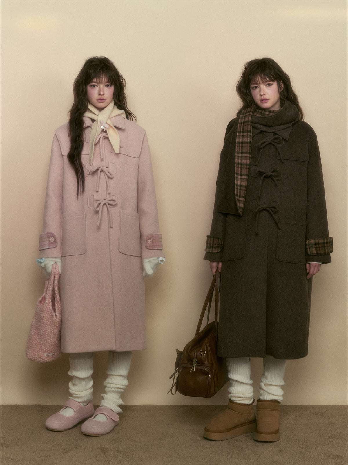SunsetPark - Vintage Teddy Bear Bow Toggle Wool Coat (Blush Pink / Brown Bear)