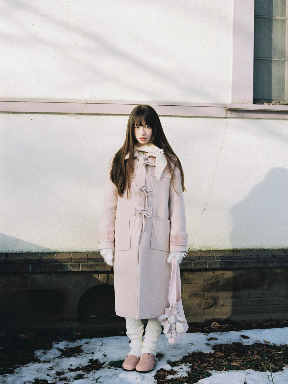 SunsetPark - Vintage Teddy Bear Bow Toggle Wool Coat (Blush Pink / Brown Bear)