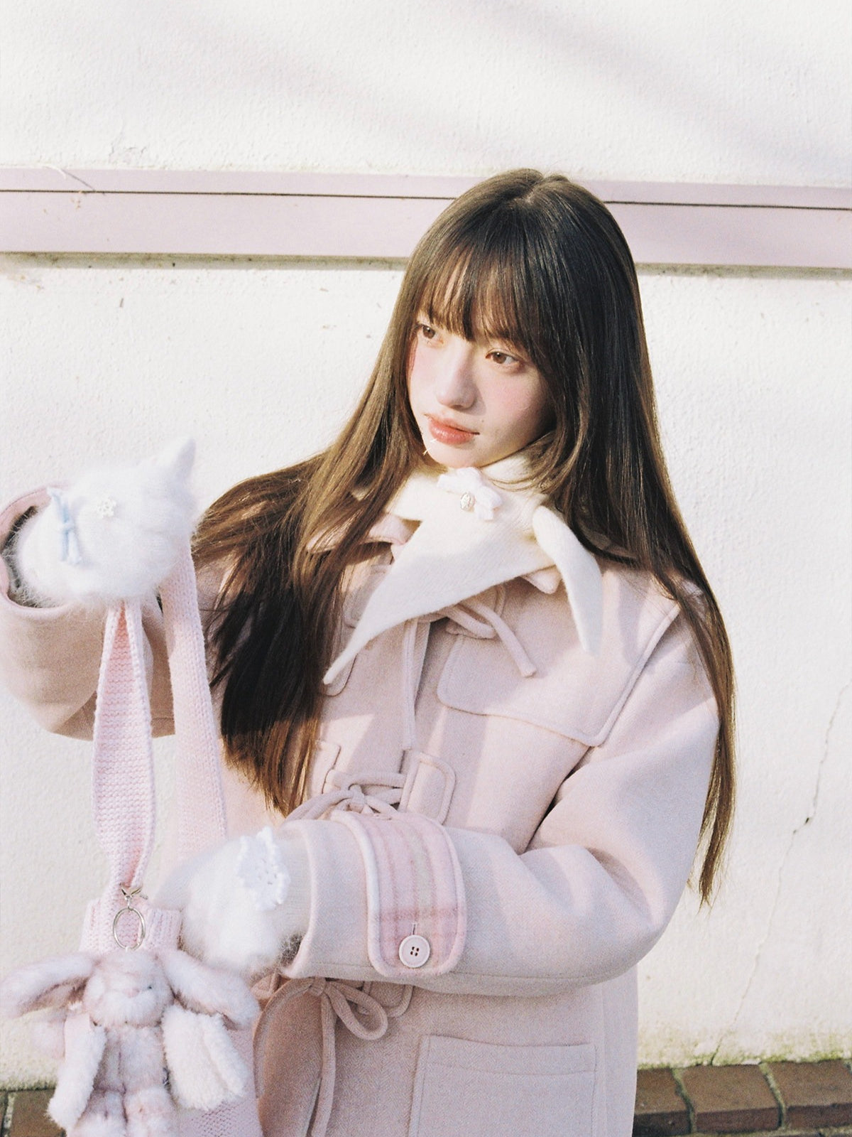 SunsetPark - Vintage Teddy Bear Bow Toggle Wool Coat (Blush Pink / Brown Bear)