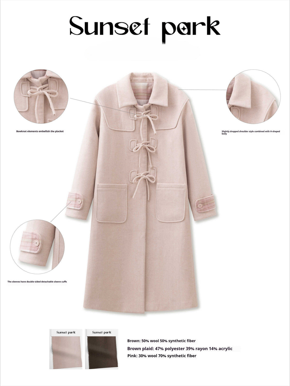 SunsetPark - Vintage Teddy Bear Bow Toggle Wool Coat (Blush Pink / Brown Bear)