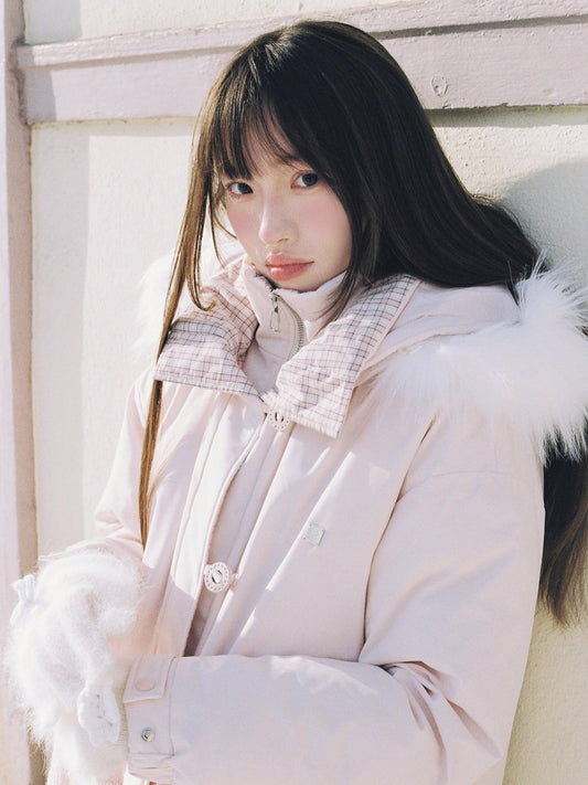 SunsetPark - Blush Pink & Plaid 90% White Duck Down Puffer Jacket (Short / Long / Navy / Glacier Blue)