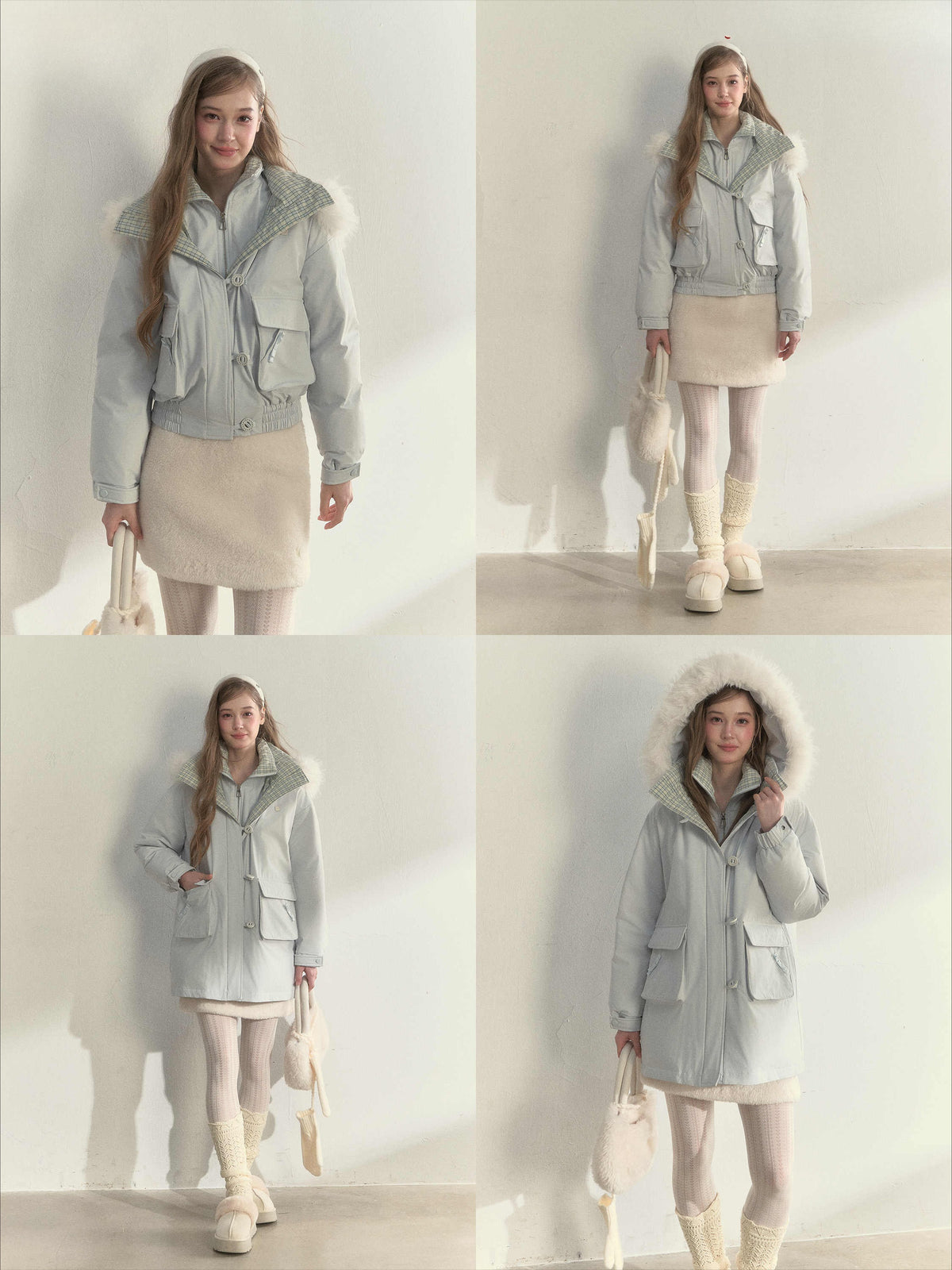 SunsetPark - Blush Pink & Plaid 90% White Duck Down Puffer Jacket (Short / Long / Navy / Glacier Blue)