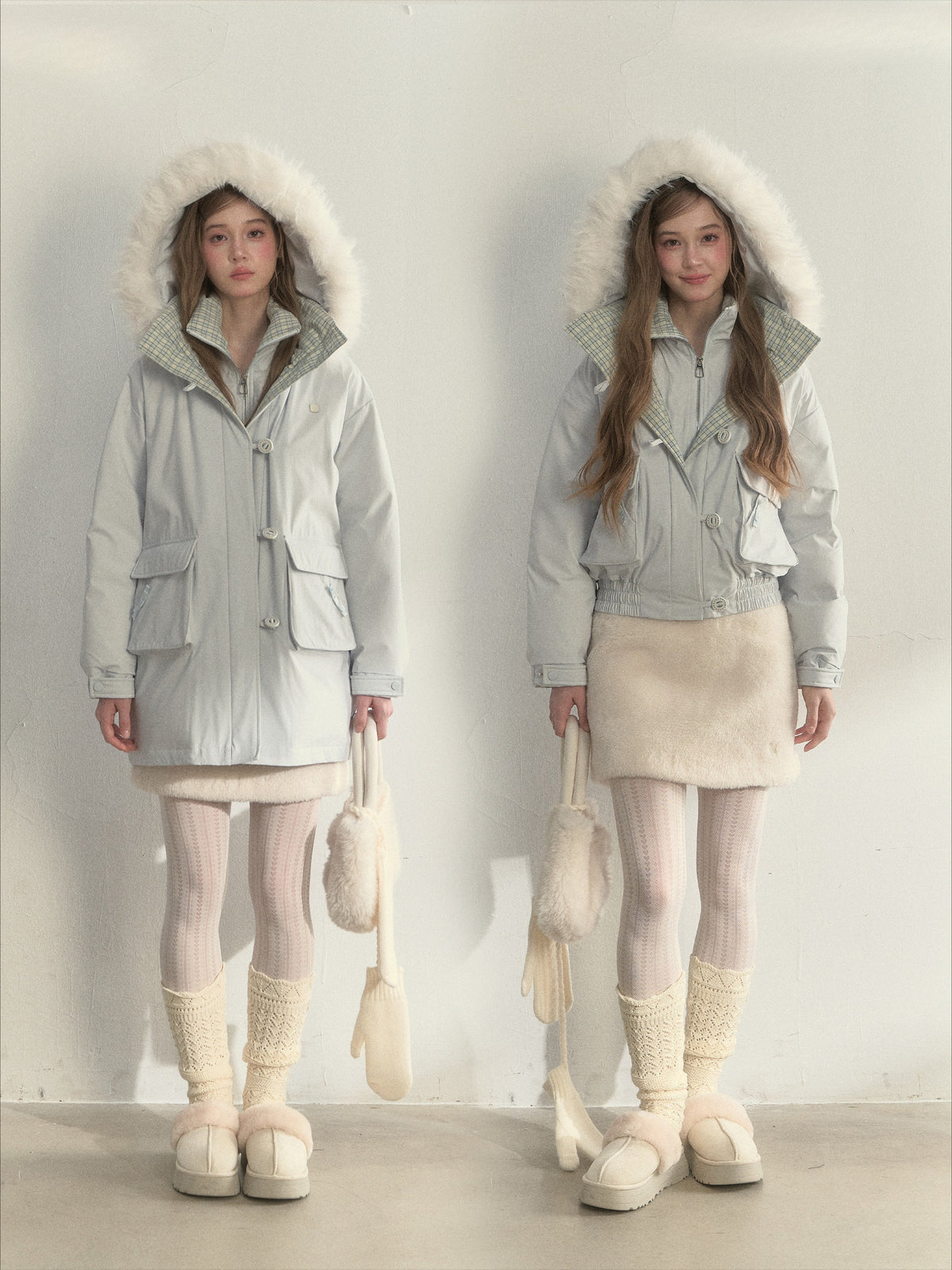 SunsetPark - Blush Pink & Plaid 90% White Duck Down Puffer Jacket (Short / Long / Navy / Glacier Blue)