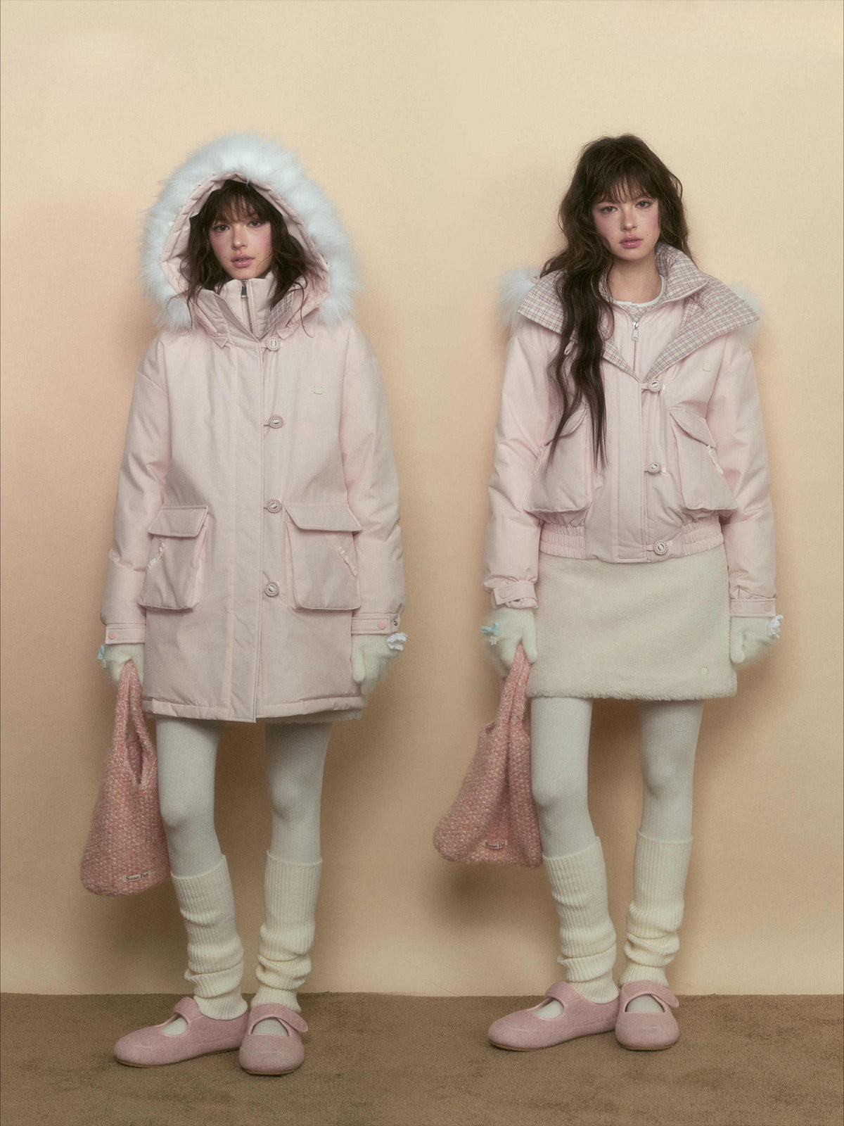 SunsetPark - Blush Pink & Plaid 90% White Duck Down Puffer Jacket (Short / Long / Navy / Glacier Blue)