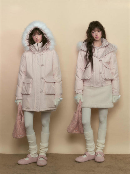 SunsetPark - Blush Pink & Plaid 90% White Duck Down Puffer Jacket (Short / Long / Navy / Glacier Blue)