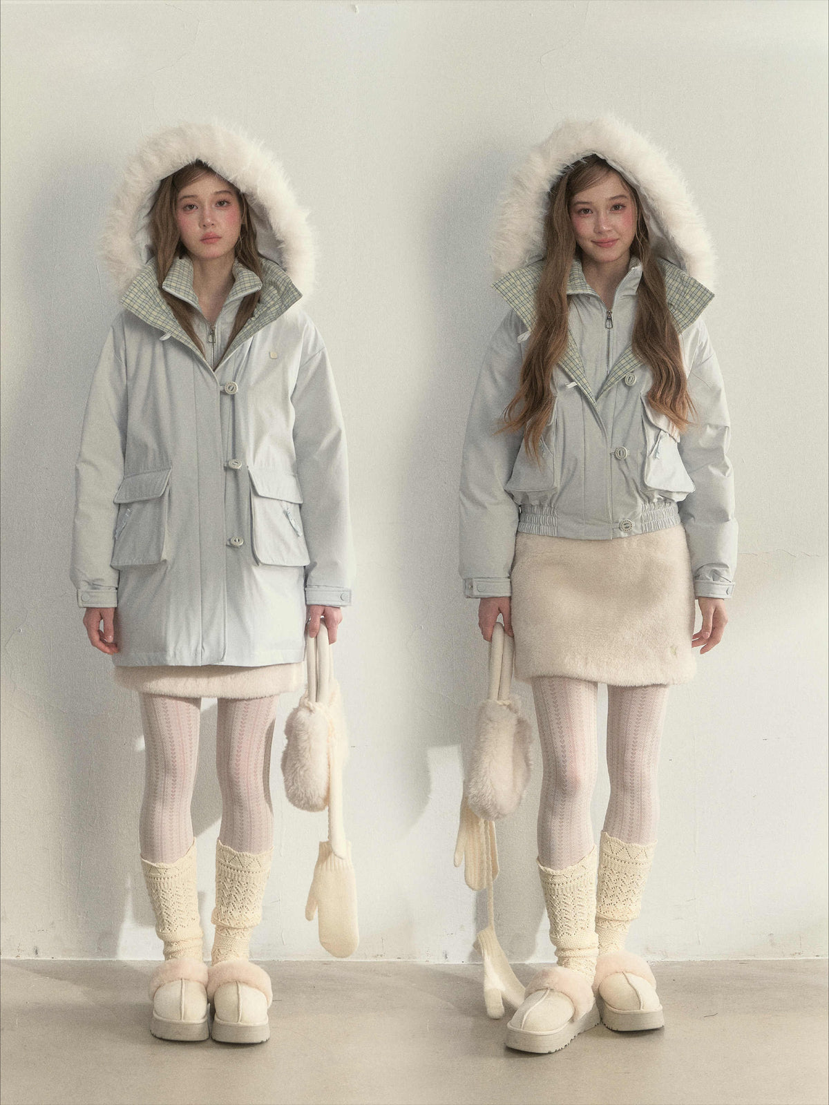SunsetPark - Blush Pink & Plaid 90% White Duck Down Puffer Jacket (Short / Long / Navy / Glacier Blue)