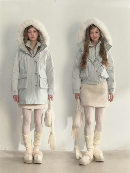 SunsetPark - Blush Pink & Plaid 90% White Duck Down Puffer Jacket (Short / Long / Navy / Glacier Blue)