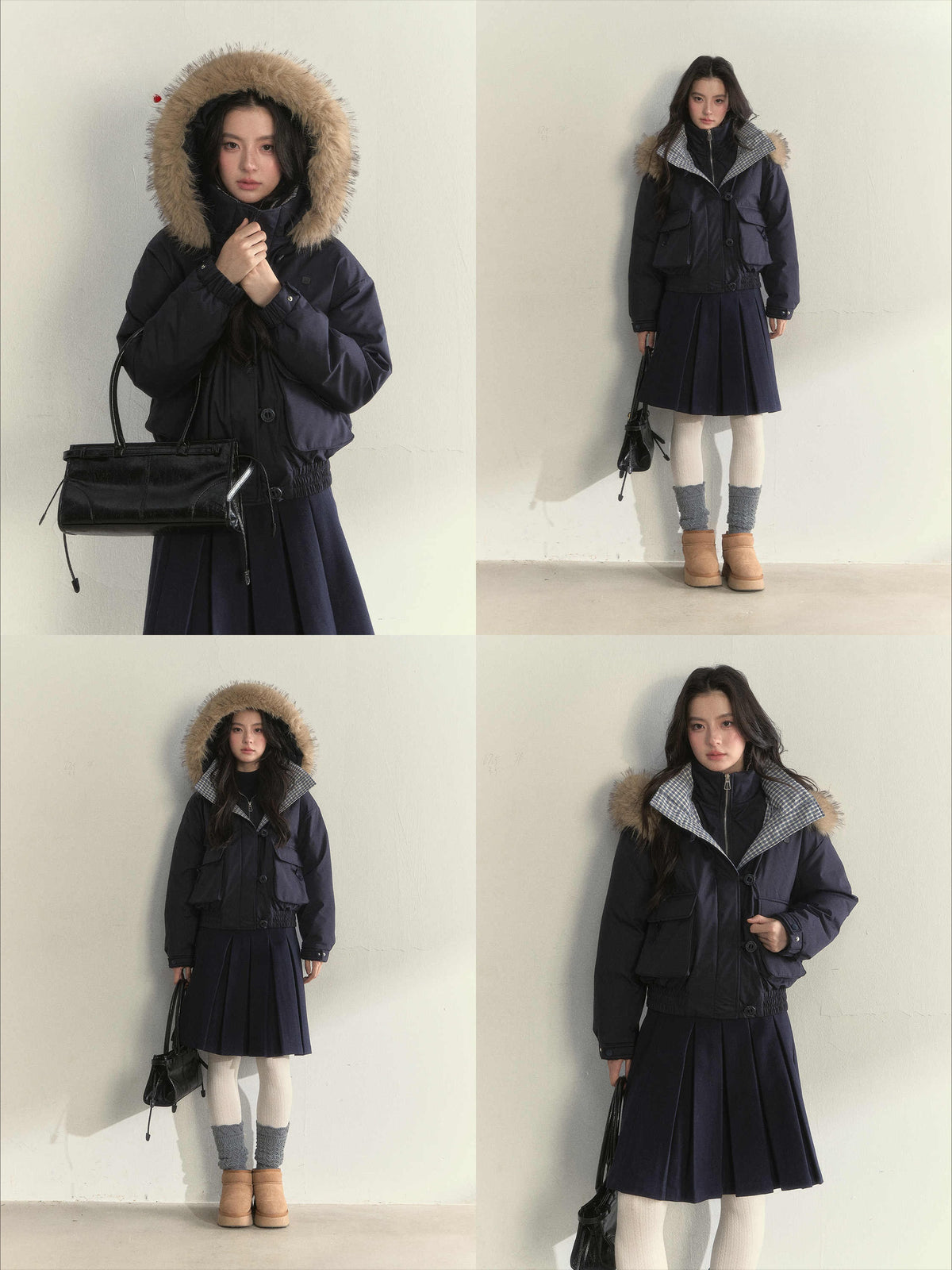 SunsetPark - Blush Pink & Plaid 90% White Duck Down Puffer Jacket (Short / Long / Navy / Glacier Blue)