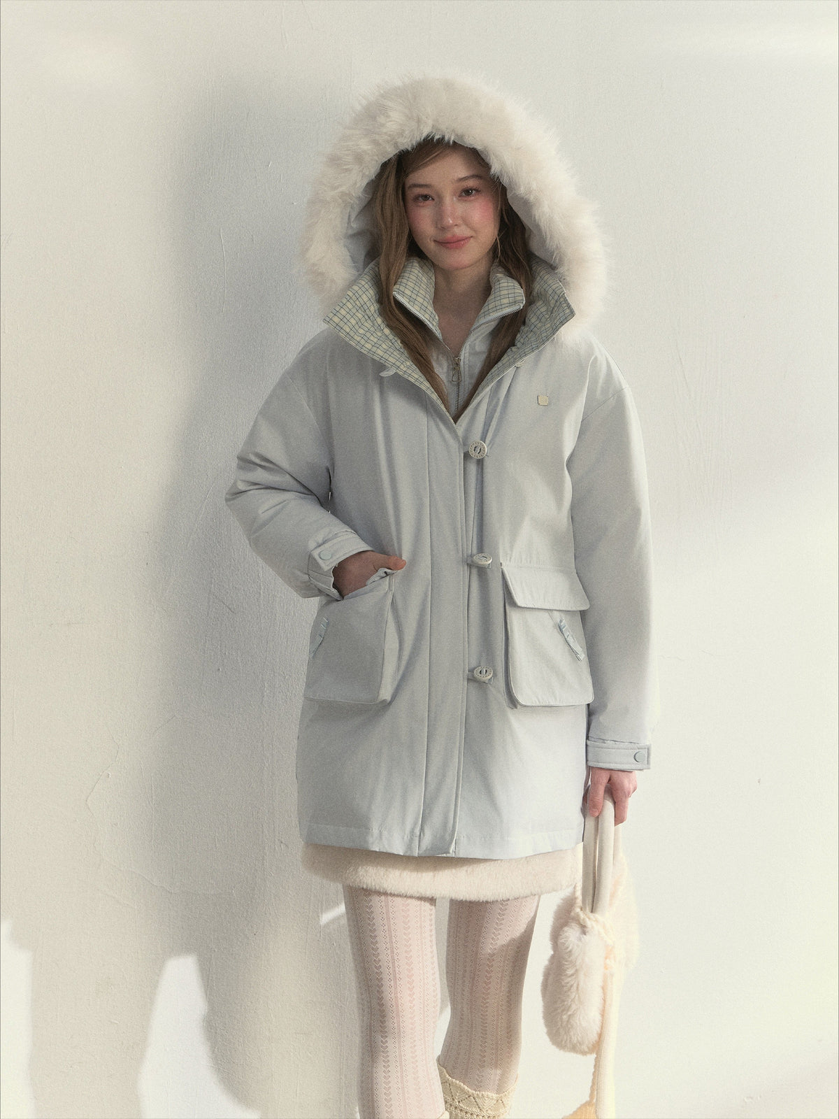 SunsetPark - Blush Pink & Plaid 90% White Duck Down Puffer Jacket (Short / Long / Navy / Glacier Blue)