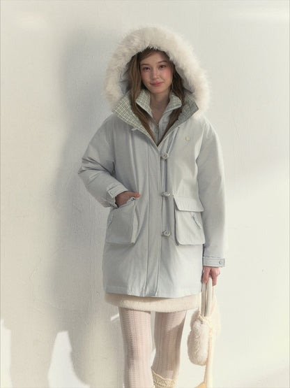 SunsetPark - Blush Pink & Plaid 90% White Duck Down Puffer Jacket (Short / Long / Navy / Glacier Blue)