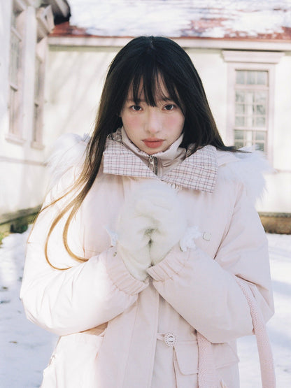SunsetPark - Blush Pink & Plaid 90% White Duck Down Puffer Jacket (Short / Long / Navy / Glacier Blue)