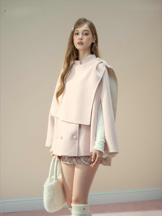 SunsetPark - "Fairy Tale Girl" Light Pink 70% Wool Double-Faced Cape Coat