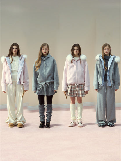 SunsetPark - "Warm Winter Days" Faux Fur Collar Wool-Blend Top Coat (Gray / Pink)