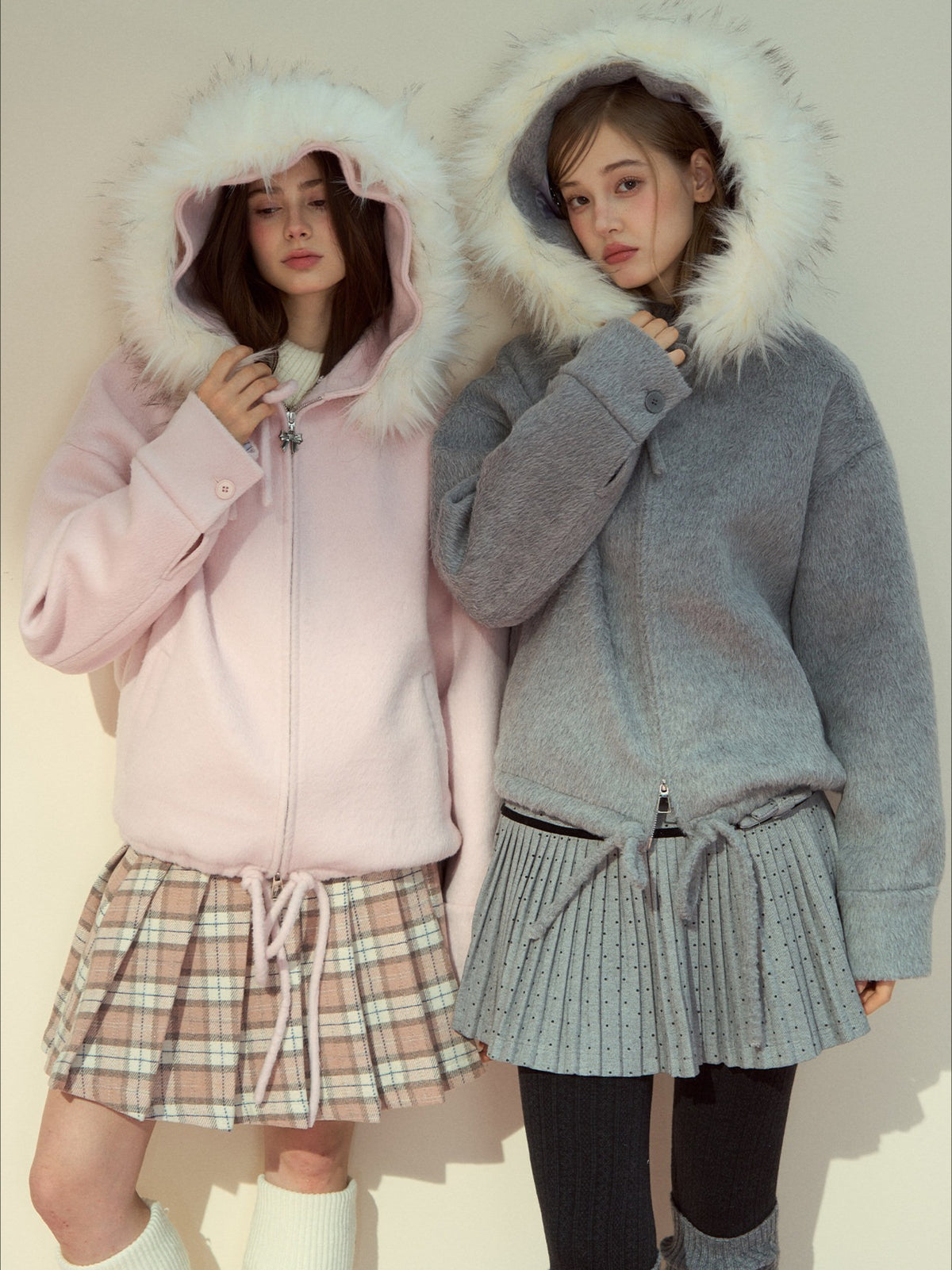 SunsetPark - "Warm Winter Days" Faux Fur Collar Wool-Blend Top Coat (Gray / Pink)