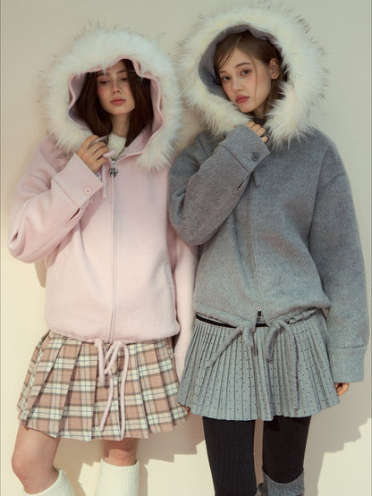 SunsetPark - "Warm Winter Days" Faux Fur Collar Wool-Blend Top Coat (Gray / Pink)