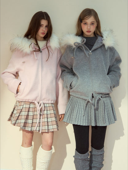 SunsetPark - "Warm Winter Days" Faux Fur Collar Wool-Blend Top Coat (Gray / Pink)