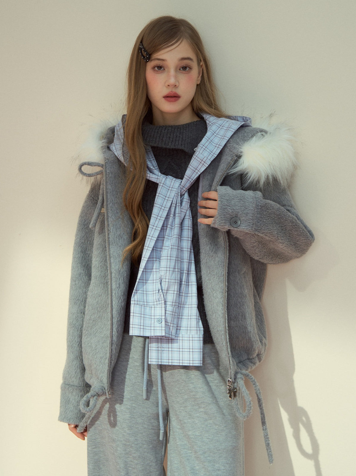 SunsetPark - "Warm Winter Days" Faux Fur Collar Wool-Blend Top Coat (Gray / Pink)