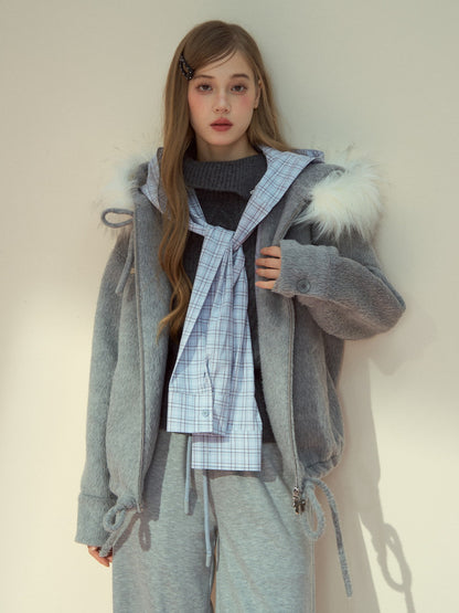 SunsetPark - "Warm Winter Days" Faux Fur Collar Wool-Blend Top Coat (Gray / Pink)