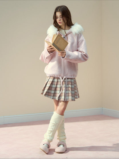 SunsetPark - "Warm Winter Days" Faux Fur Collar Wool-Blend Top Coat (Gray / Pink)