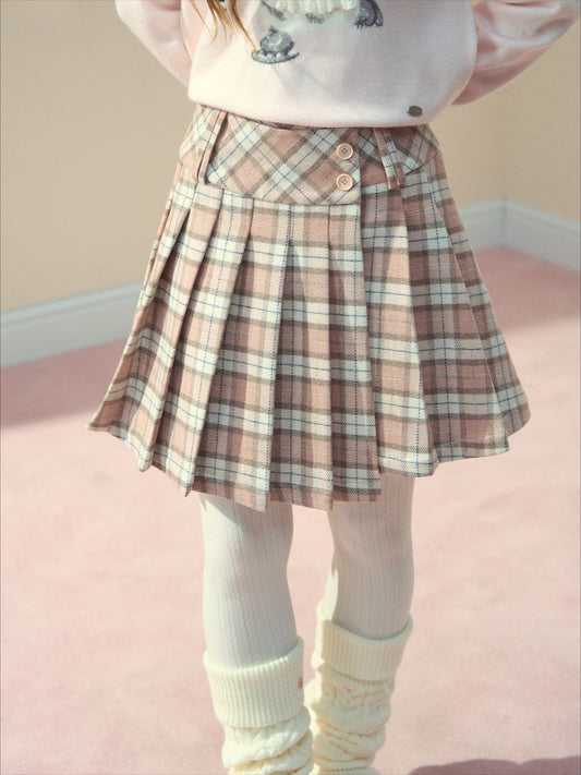 SunsetPark - "Pink Plaid Story" Preppy Plaid Pleated Midi Skirt