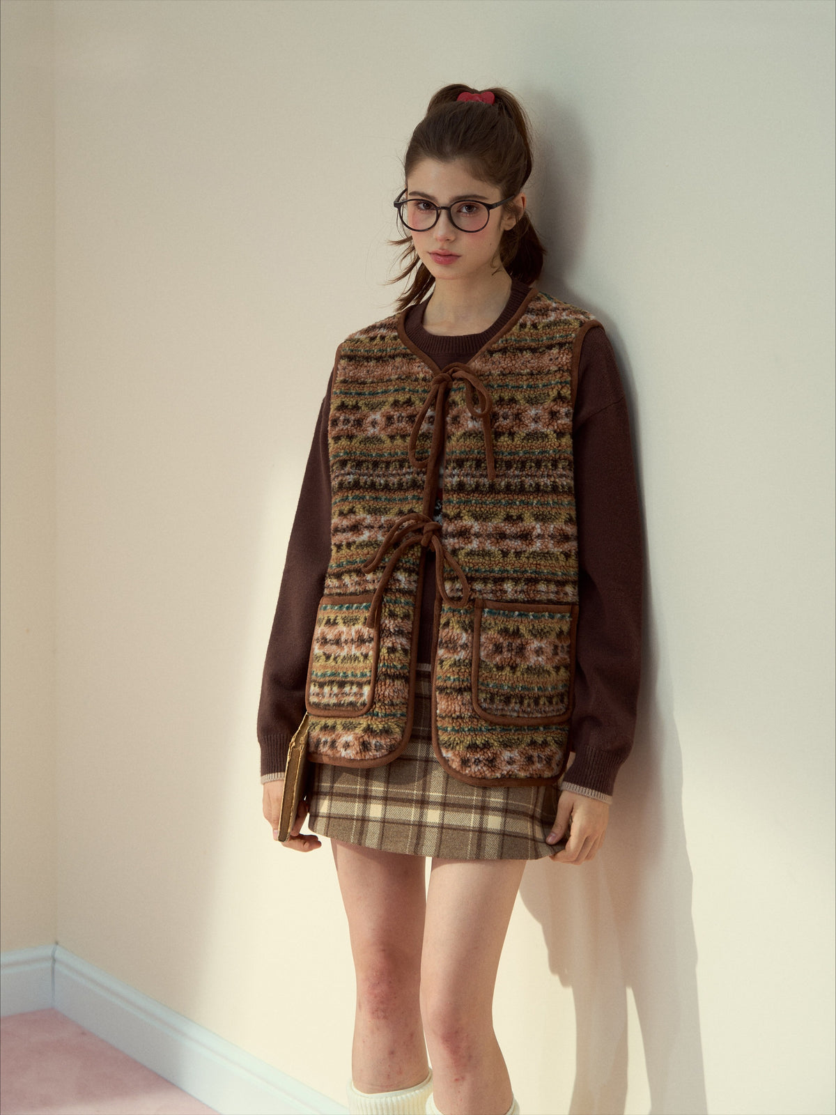 SunsetPark - "Mocha Fair Isle" Caramel Reversible Bow-Tie Faux Fur Vest Top