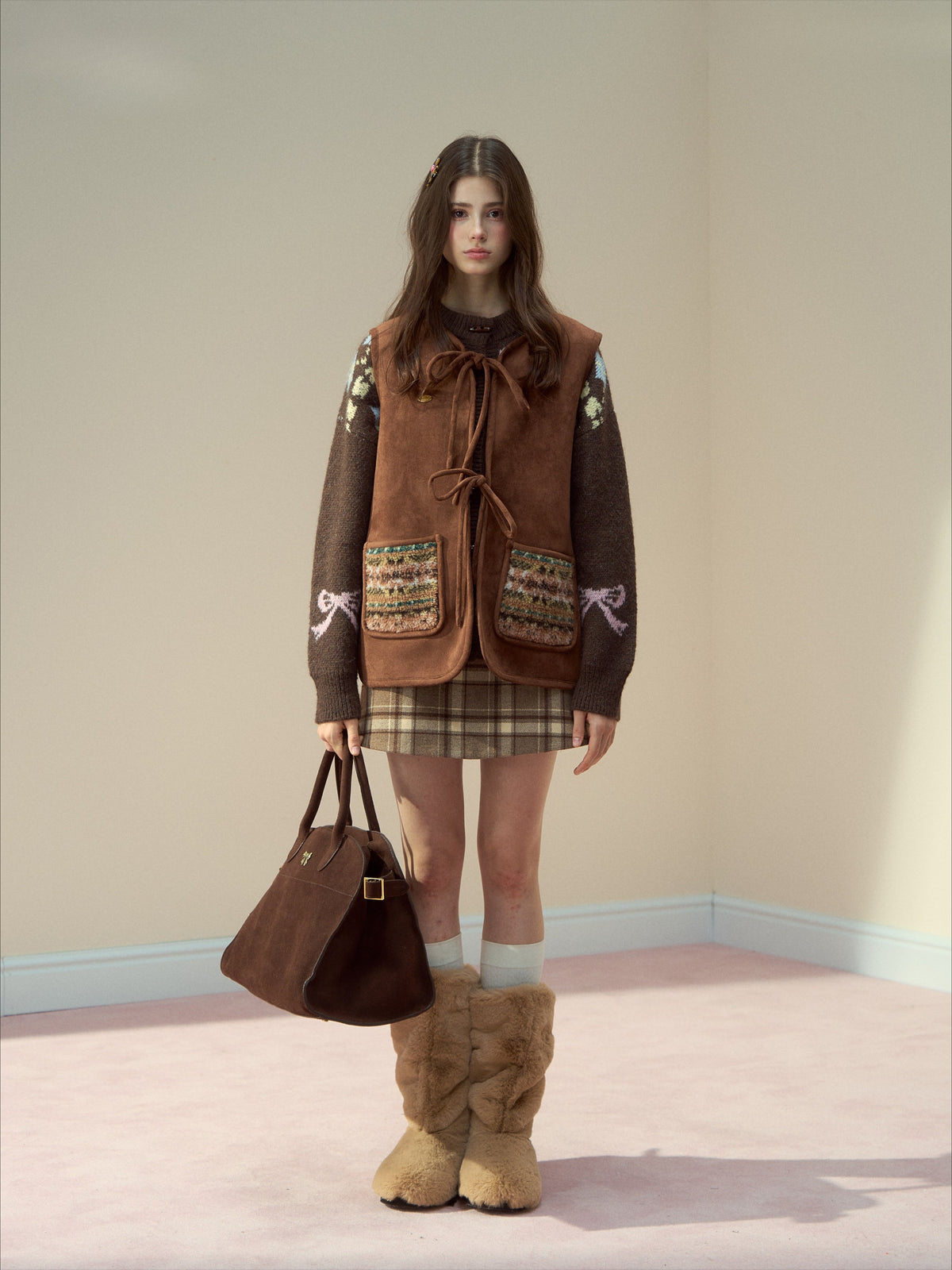 SunsetPark - "Mocha Fair Isle" Caramel Reversible Bow-Tie Faux Fur Vest Top