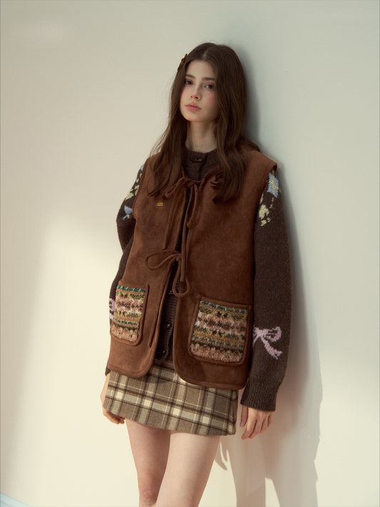 SunsetPark - "Mocha Fair Isle" Caramel Reversible Bow-Tie Faux Fur Vest Top