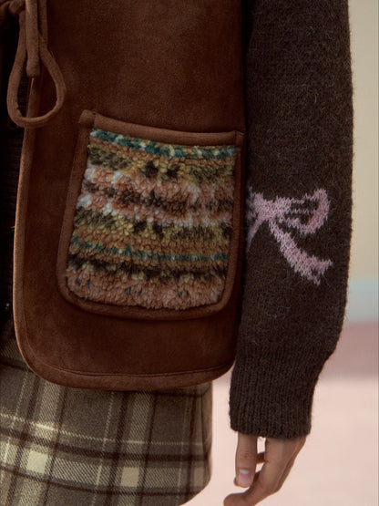SunsetPark - "Mocha Fair Isle" Caramel Reversible Bow-Tie Faux Fur Vest Top