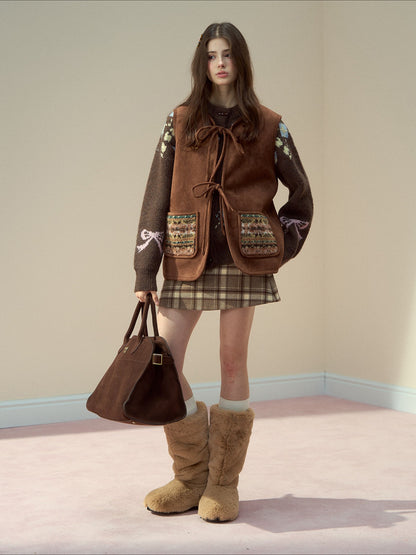 SunsetPark - "Mocha Fair Isle" Caramel Reversible Bow-Tie Faux Fur Vest Top
